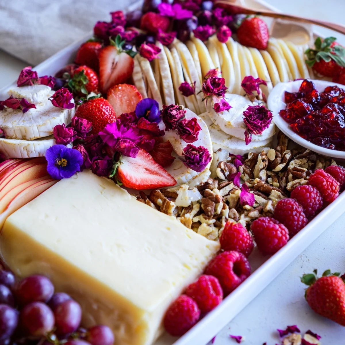 A vibrant Rose Garden Romantic Platter with fresh fruit, cheeses, and edible rose petals.