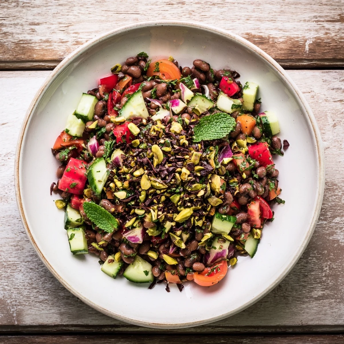 Vibrant Dense Bean Salad boasts colorful veggies, pistachios, and a dusting of Dubai chocolate.