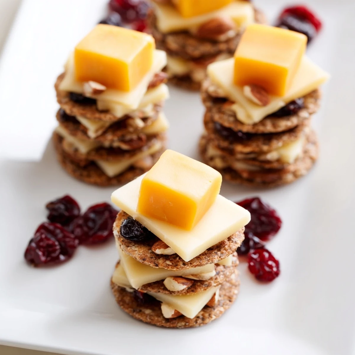 Neatly arranged The Work From Home Desk Treat, featuring cheese cubes stacked high on whole-wheat crackers, ready to enjoy.