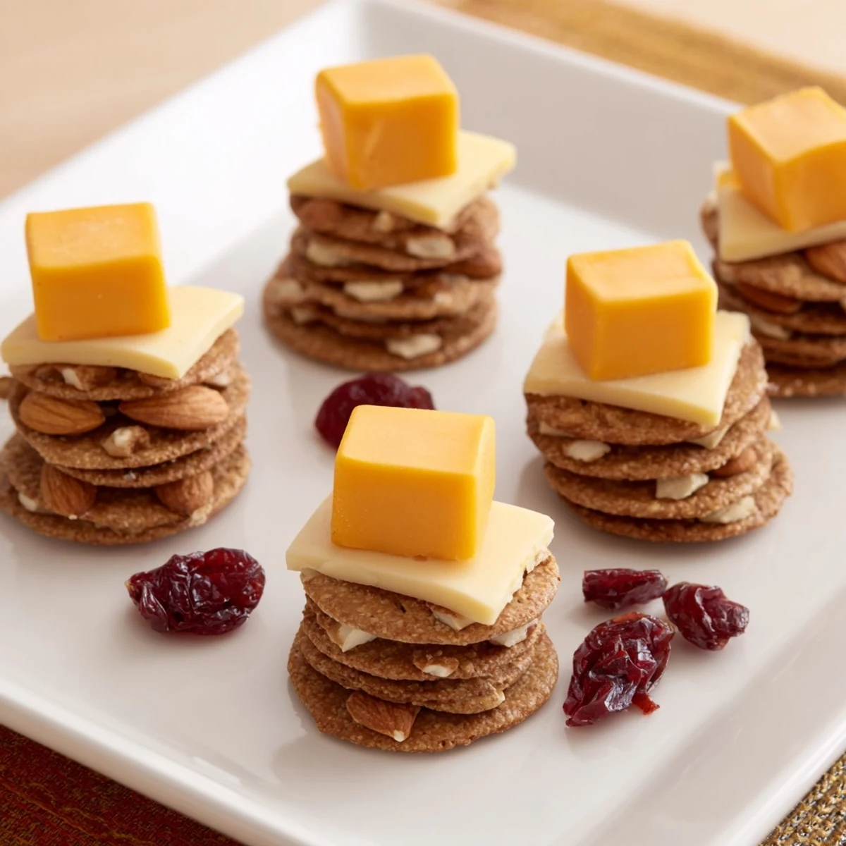 Crisp crackers topped with cheese: the quick and easy The Work From Home Desk Treat is a perfect snack.