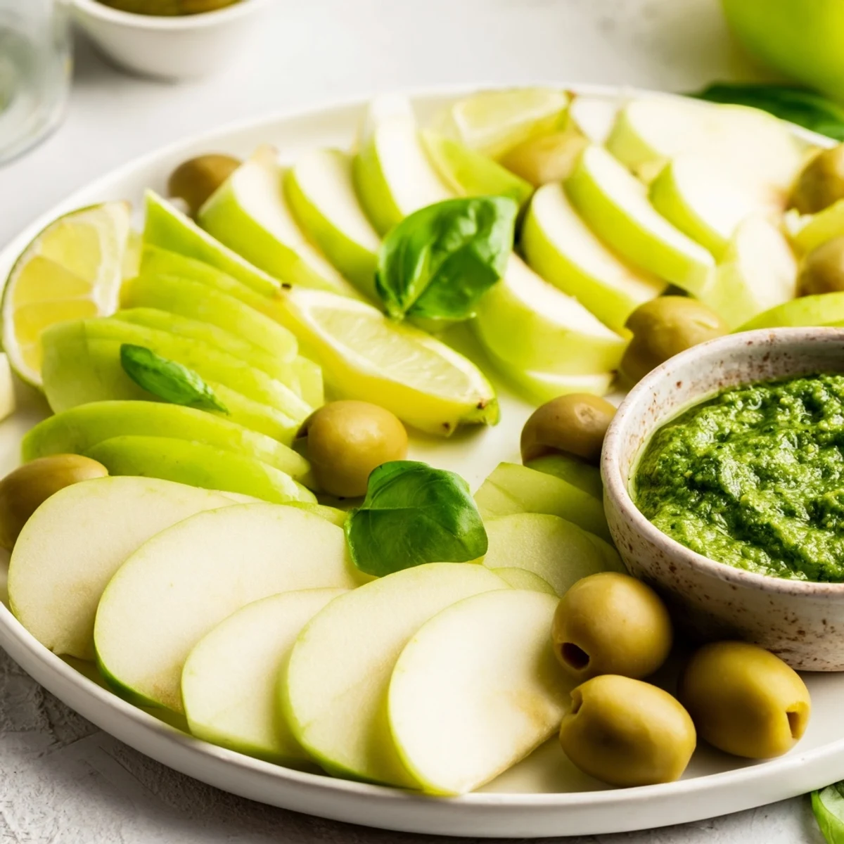 Vibrant The Emerald City appetizer, full of fresh limes, crisp apples, and savory pesto for snacking.