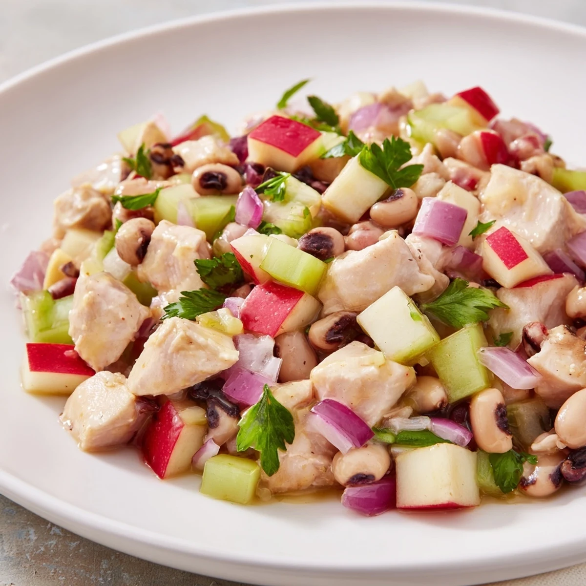 A colorful Chicken and Apple New Years Luck Salad, served with toasted pecans, ready for a festive meal.