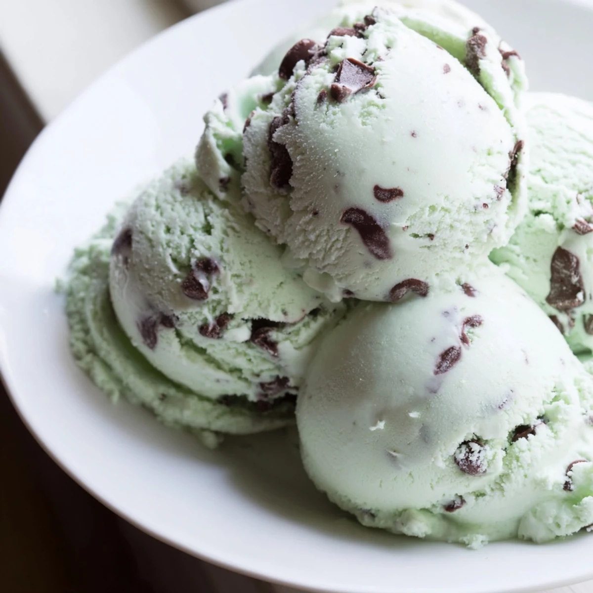 Enjoy a spoonful of beautifully swirled Mint Chocolate Chip Ice Cream, cool and minty fresh.