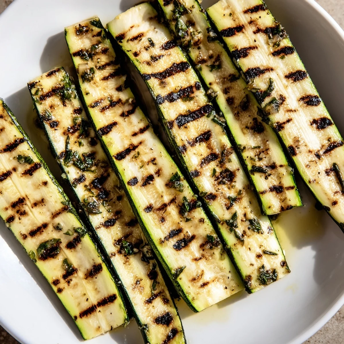 Freshly grilled garlic herb zucchini garnished with herbs, a light and easy side dish.
