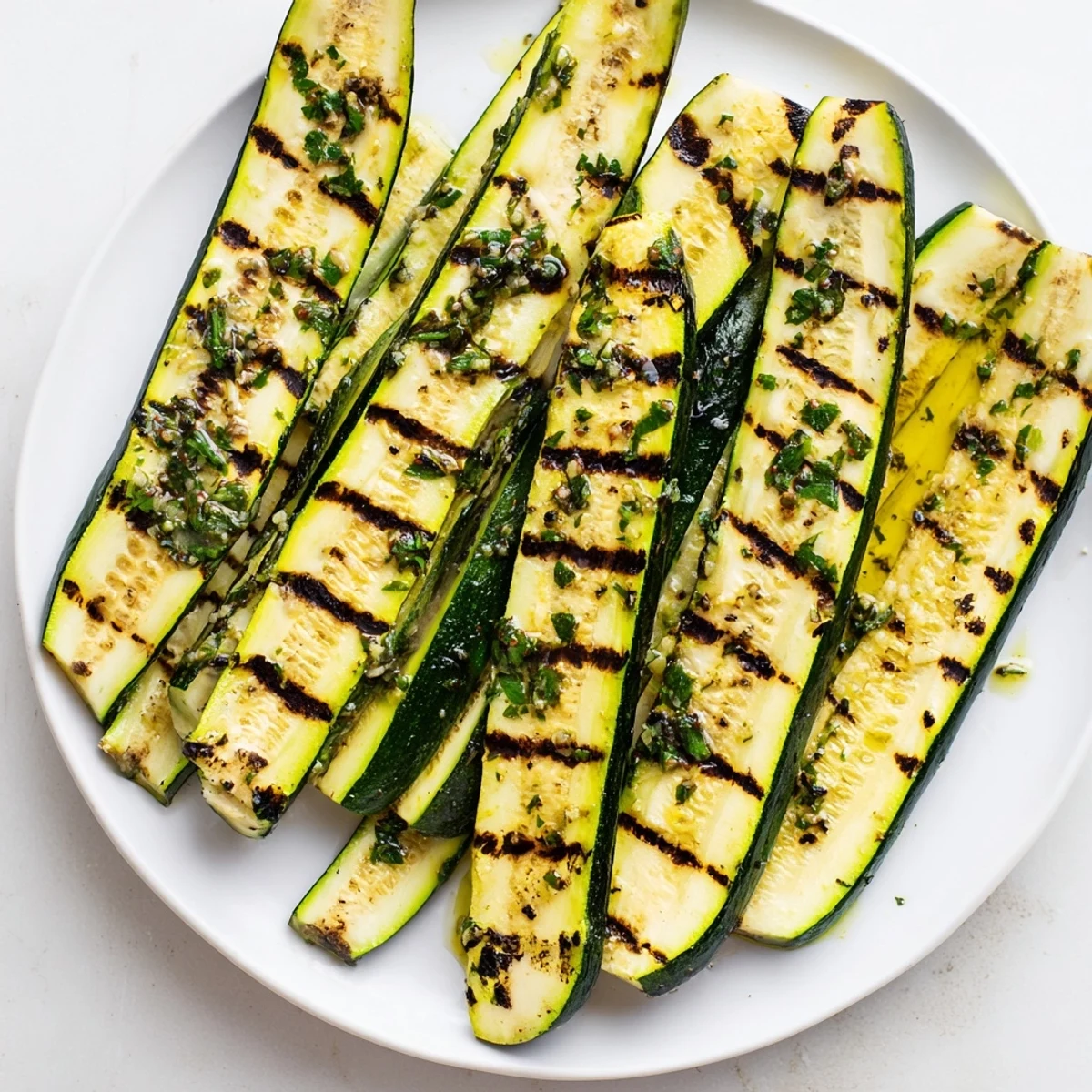 Garlic herb grilled zucchini slices sizzling on a hot grill, ready for a delicious summer side.