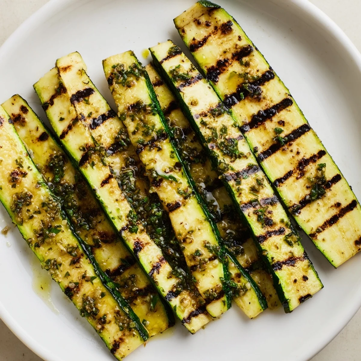 Close-up of vibrant, marinated garlic herb grilled zucchini, a flavorful Mediterranean delight.