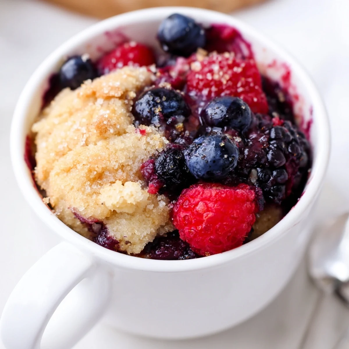 Delicious Mixed Berry Cobbler Mug Cake with a tender, slightly crisp topping and juicy berries.