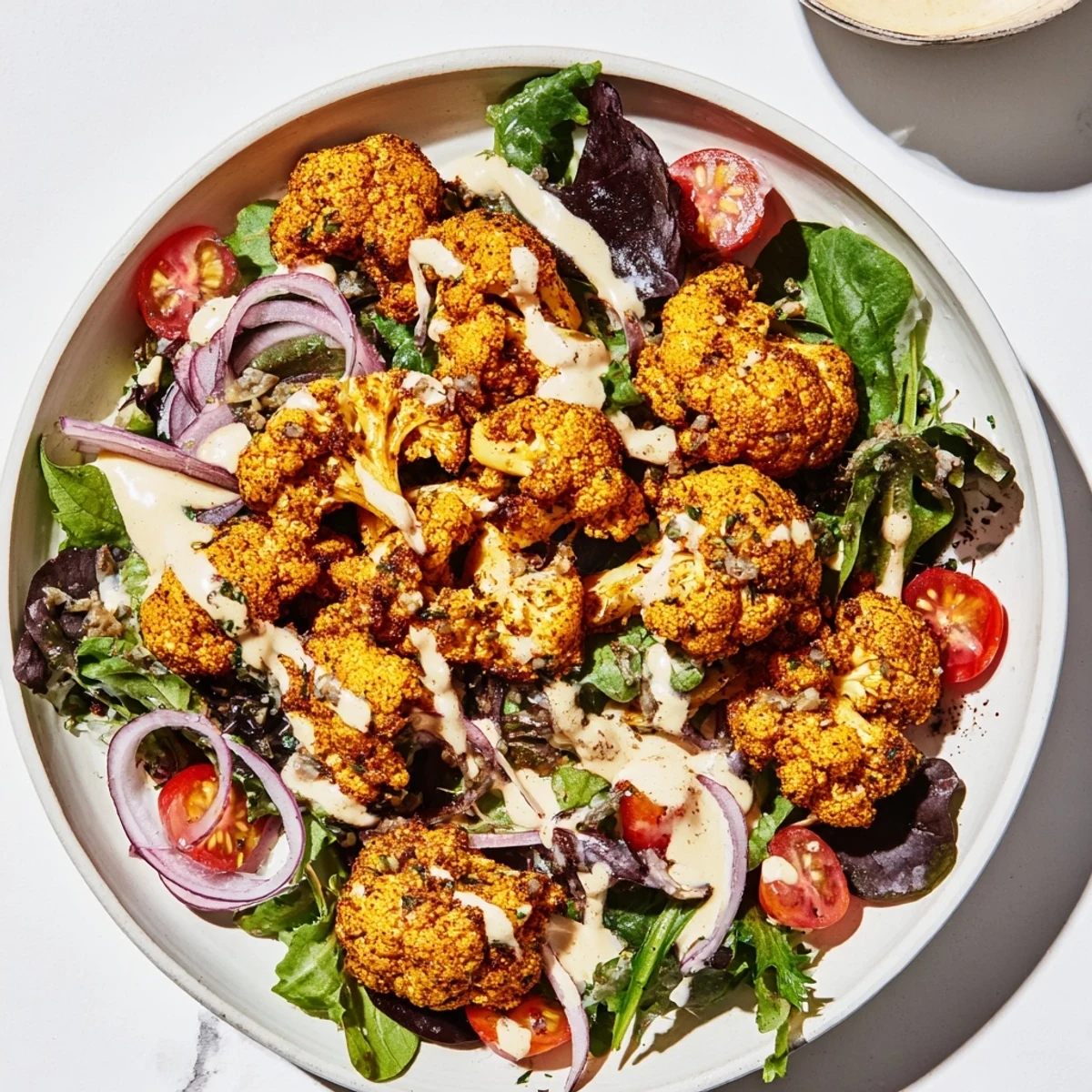 A light meal featuring air-fried cauliflower, the Crispy Cauliflower Salad is drizzled with tahini.