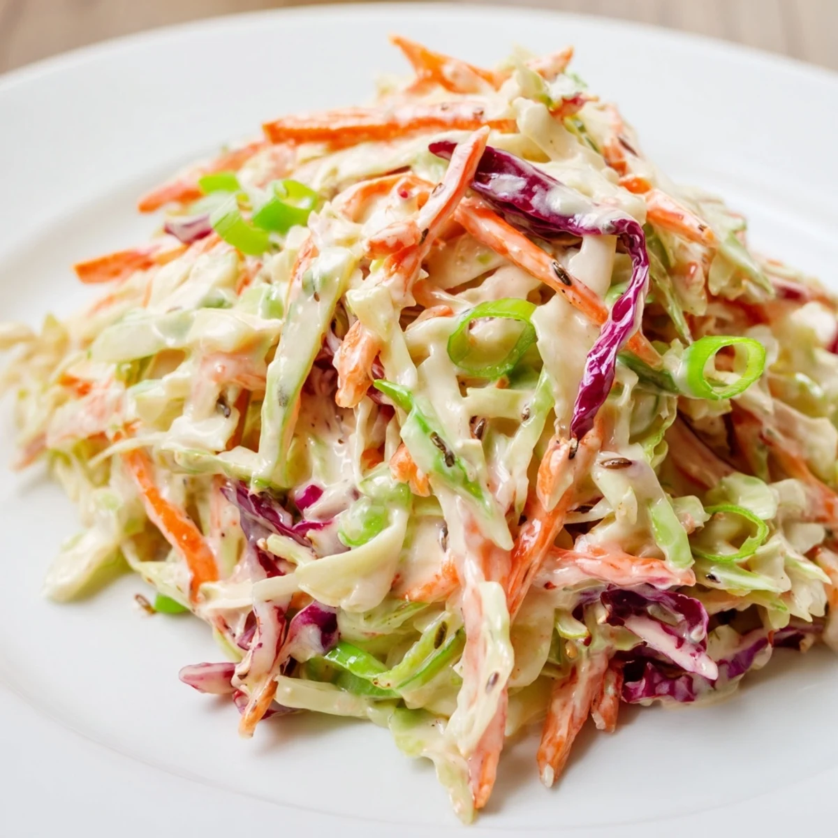 This colorful bowl of Quick Coleslaw Salad shows a perfect side dish for barbecues and summer meals.