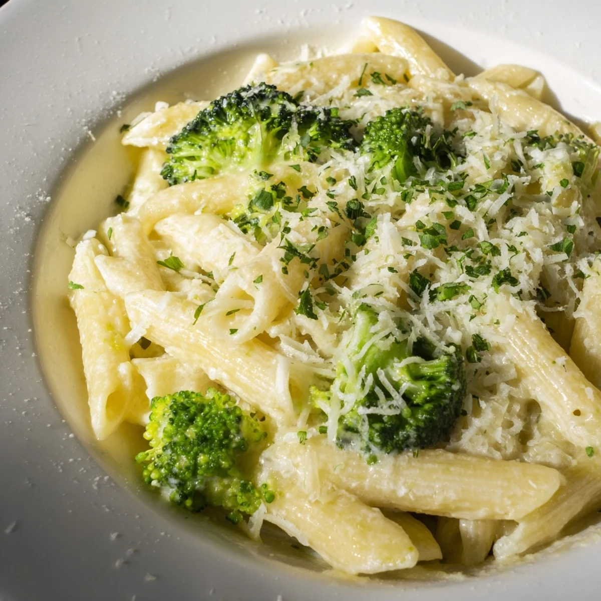 Steaming Cream Cheese Garlic Pasta with vibrant green broccoli and creamy, garlicky sauce ready to serve.