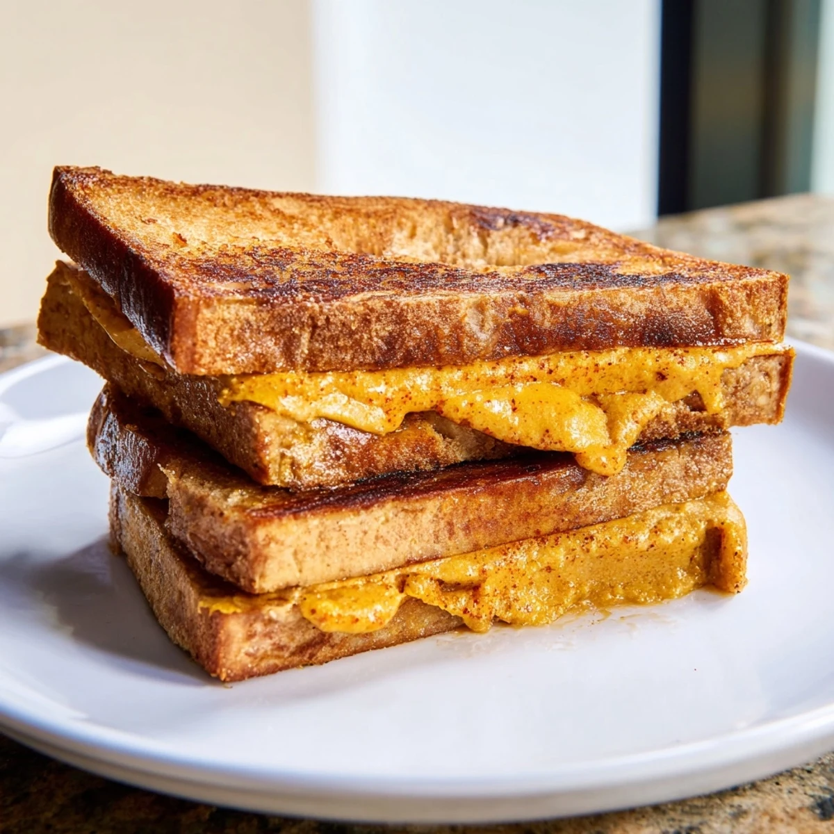 Close-up of a flavorful Spicy Crispy Tofu Grilled Cheese, showing the spicy tofu and gooey vegan cheese.