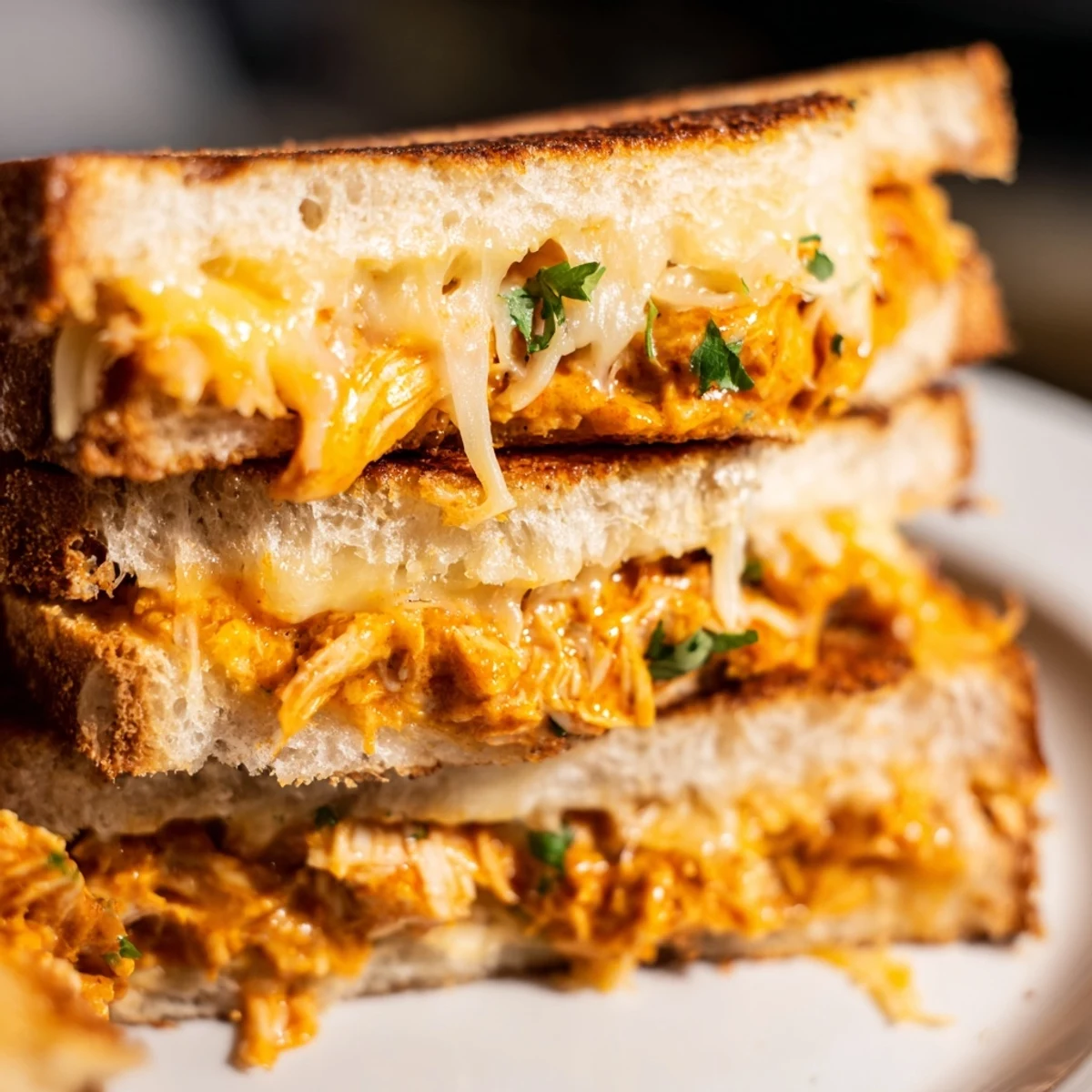 Toasty, buttery bread cradles flavorful Savory Butter Chicken Grilled Cheese, a delightful Indian-American fusion.