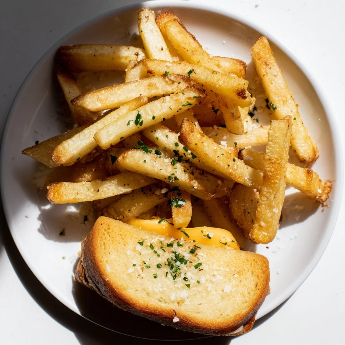 Crispy beef tallow French fries alongside a warm, gooey grilled cheese, a comforting pairing.