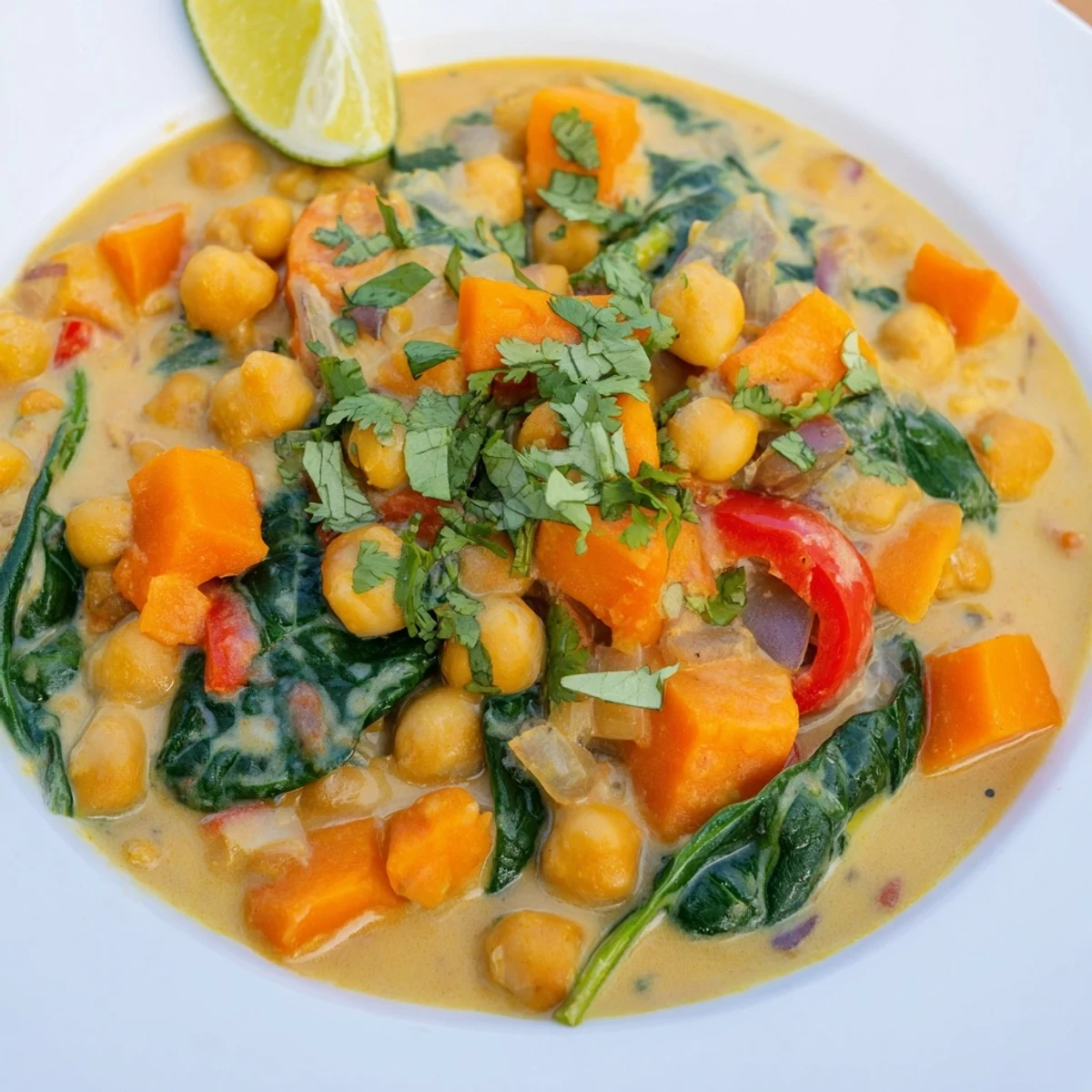 Steaming Chickpea Curry in a pot, with vibrant red bell peppers and a cilantro garnish.