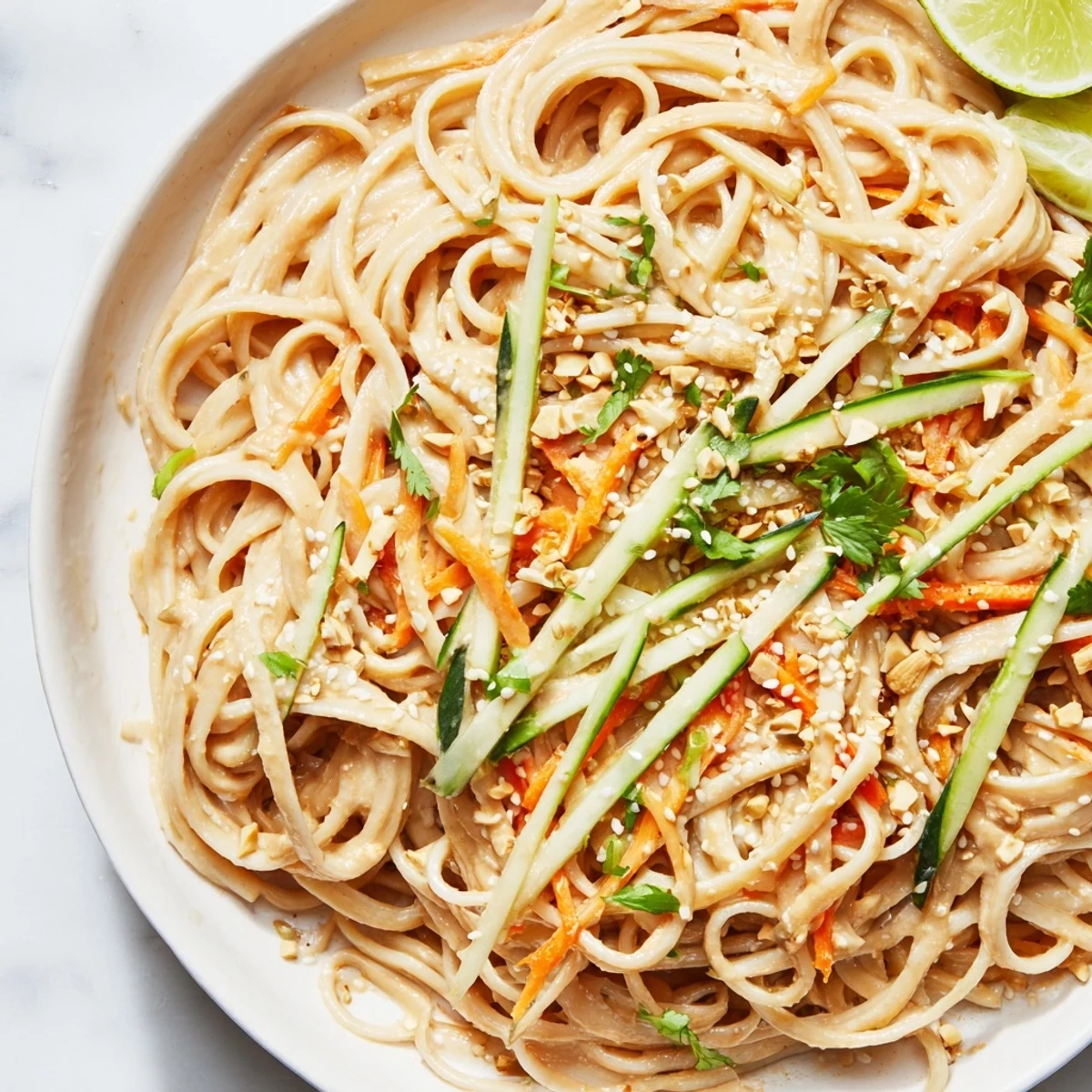 Cold sesame noodles served in a bowl, with vibrant vegetables and a rich, creamy sesame sauce.