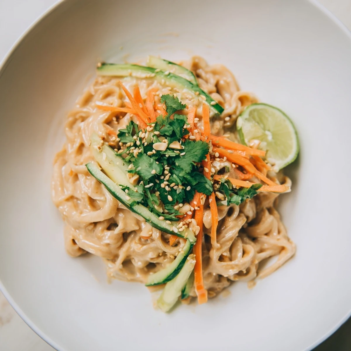 Chilled cold sesame noodles, boasting colorful julienned carrots, cucumber, and a scattering of fresh cilantro.