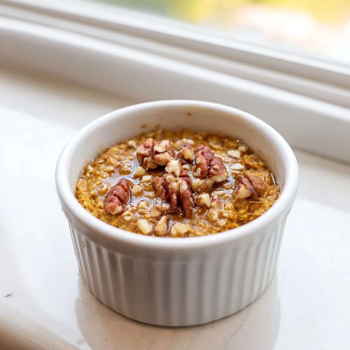 Warm, golden Pumpkin Spice Baked Oats, perfect for breakfast with pecans and a drizzle of maple syrup.