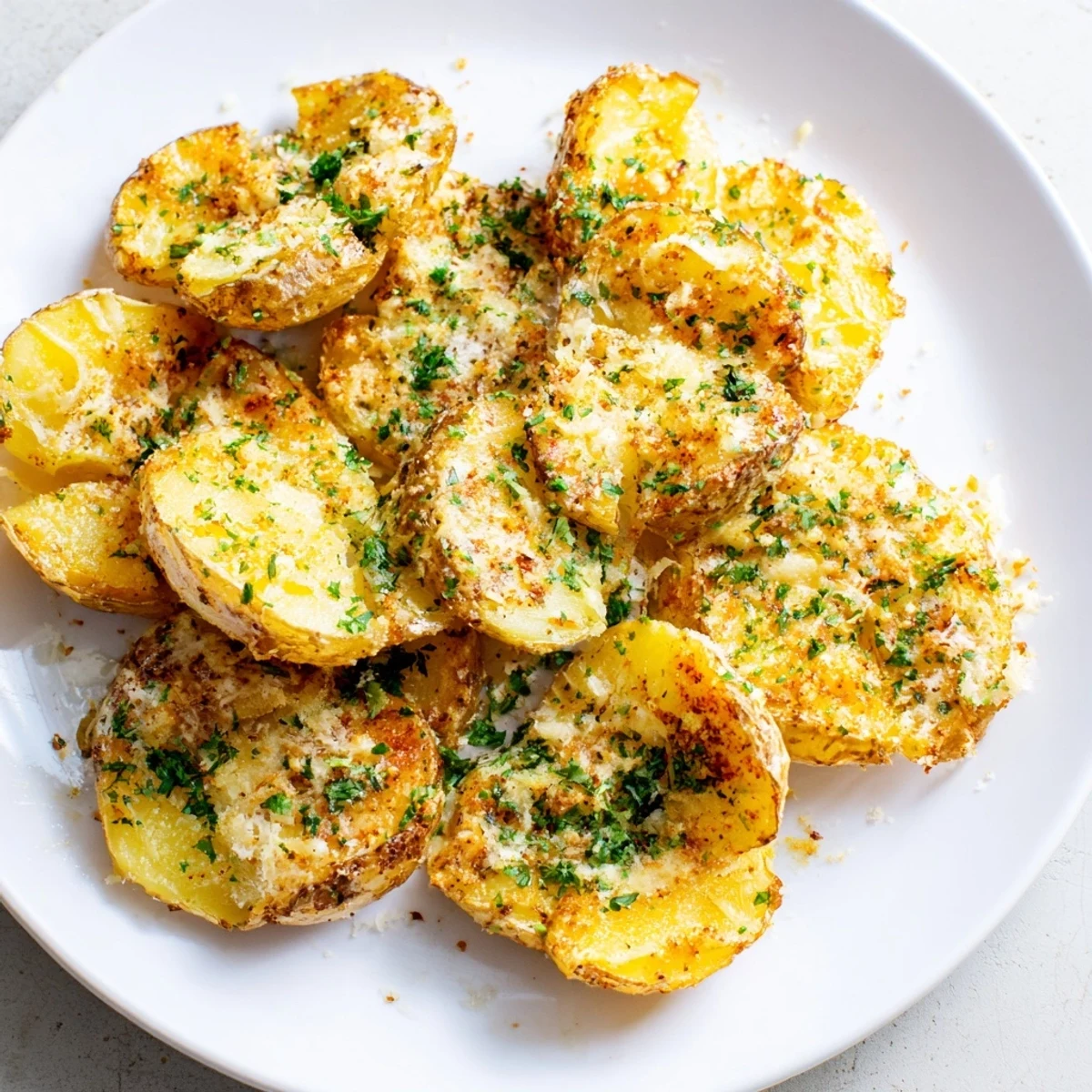 Golden, crispy Garlic Parmesan Potatoes fresh from the oven, ready to serve as a side.