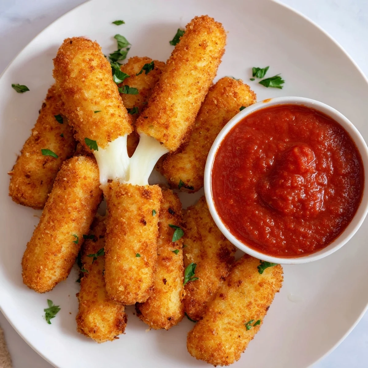Golden, crispy air fryer mozzarella sticks, perfect with warm marinara for dipping pleasure at gatherings.