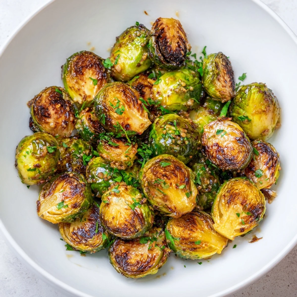 Golden, glistening Honey Mustard Glazed Brussels Sprouts sit on a plate, ready to enjoy.
