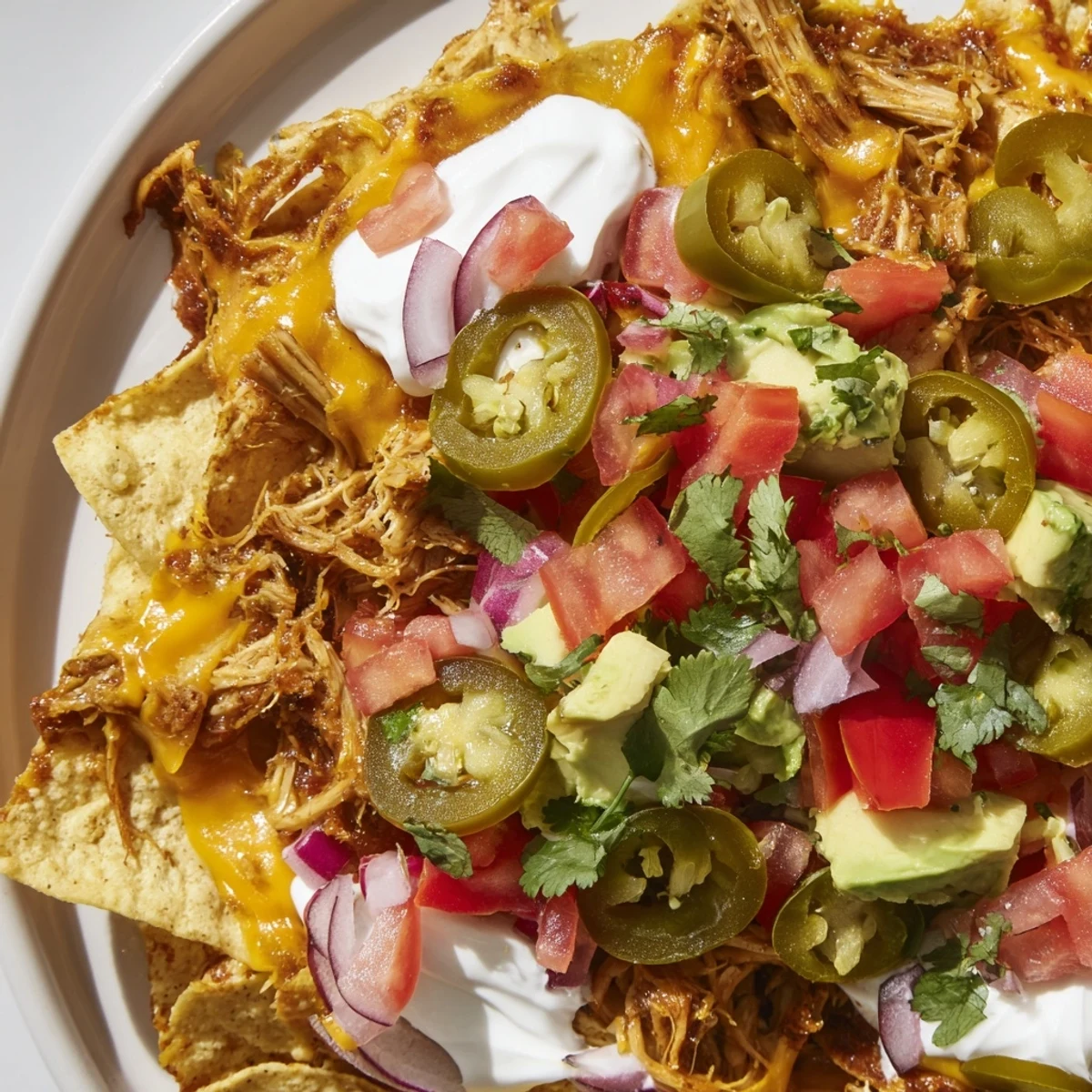Delicious Loaded Nachos photo: Perfect for sharing, featuring tender pulled pork, oozing cheese, and fresh garnishes.