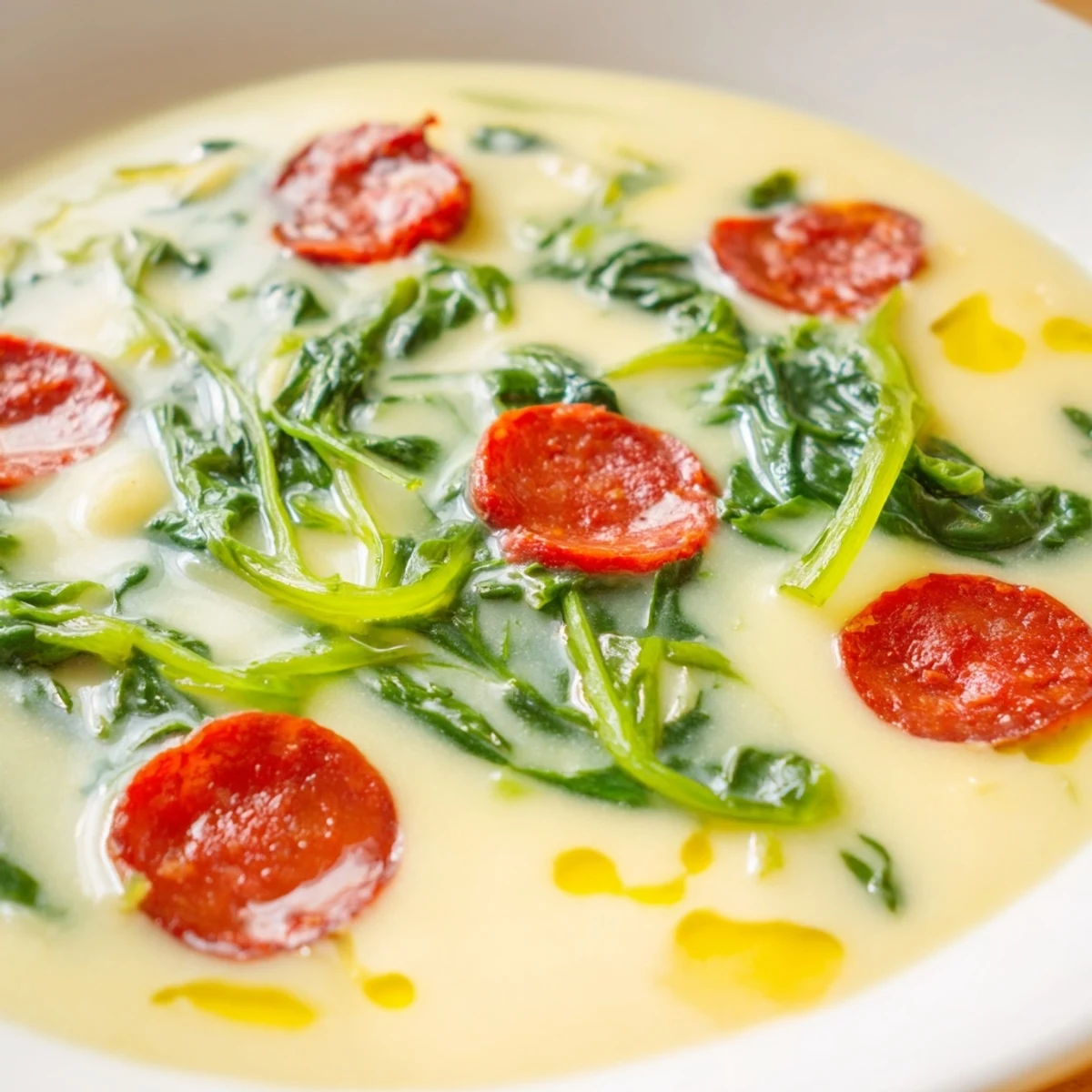 Steaming bowl of Portuguese Caldo Verde soup, rich with chorizo and kale, ready to be enjoyed.