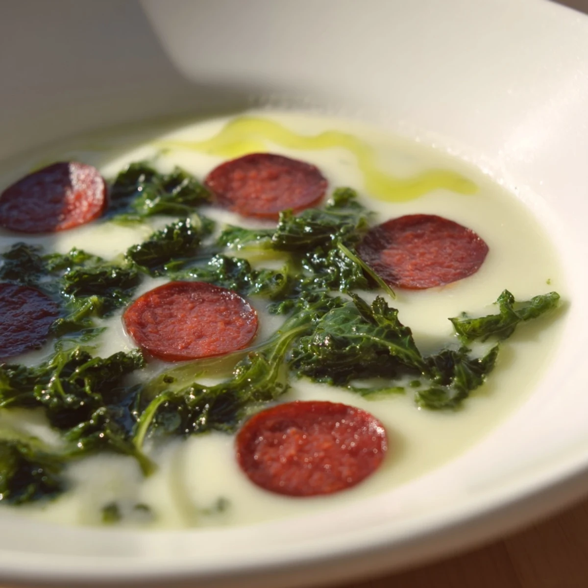 A vibrant overhead shot of hearty Portuguese Caldo Verde, a rustic soup perfect for a chilly evening.