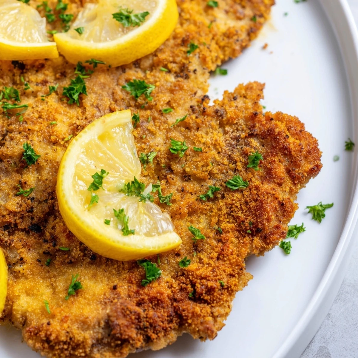 Golden-brown Wiener Schnitzel, perfectly fried and ready to serve with lemon wedges and parsley.