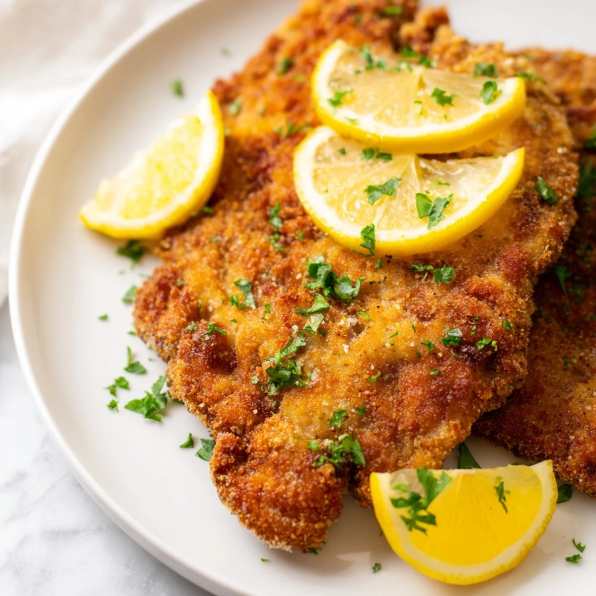 Crispy, breaded Wiener Schnitzel, glistening with oil, imagined hot and delicious from the skillet.