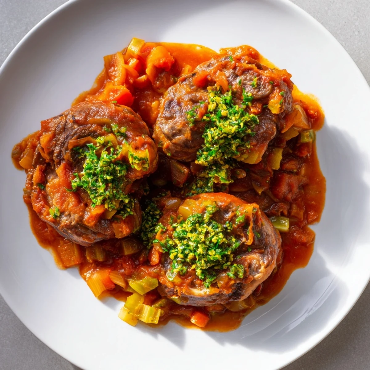Fork-tender Osso Buco simmering in a Dutch oven with vegetables and wine, ideal for a hearty dinner.
