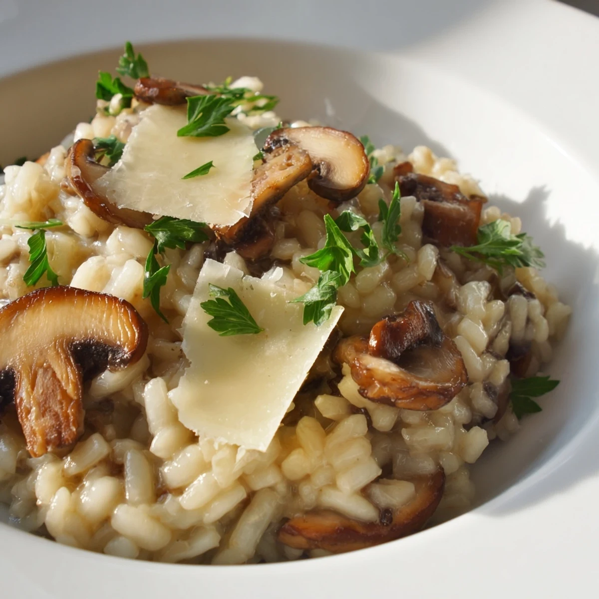 A steaming bowl of creamy Italian Mushroom Risotto, garnished with fresh parsley and Parmesan.