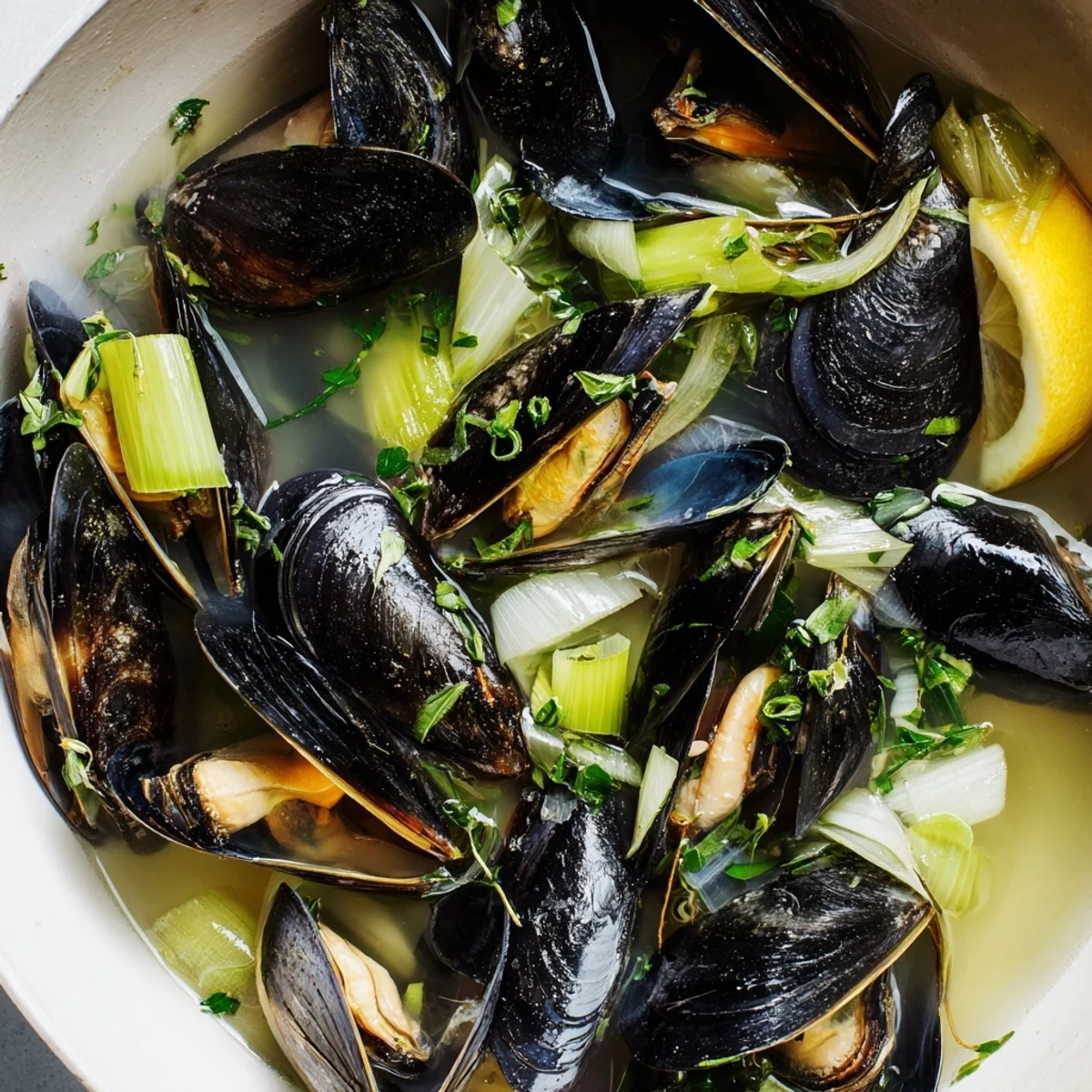 Steaming pot of Belgian Moules Marinière with fragrant herbs and ready to serve with lemon.