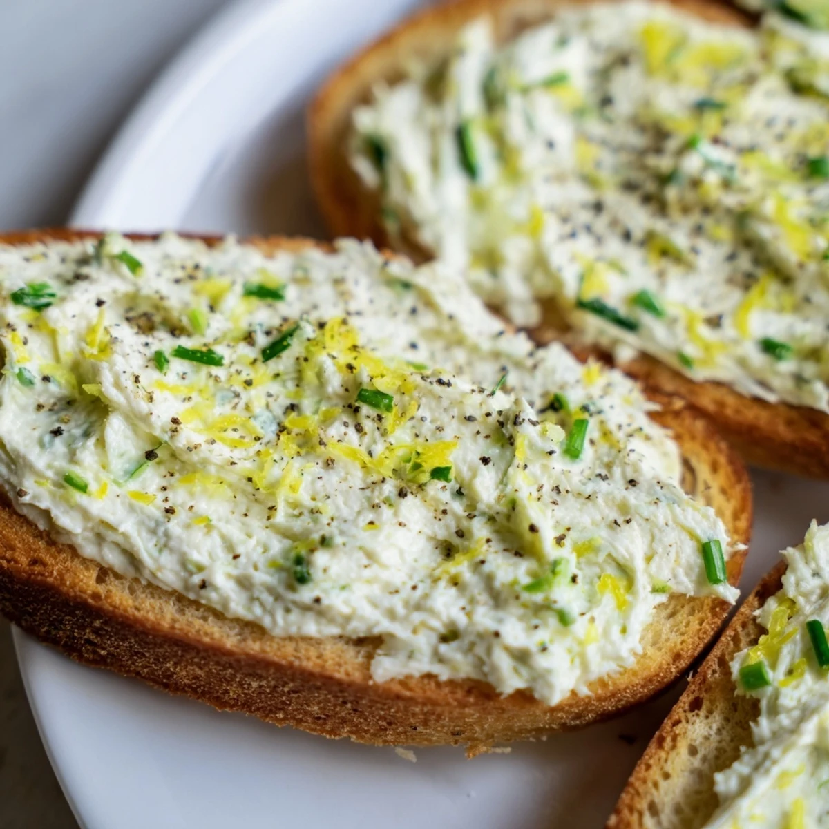 A close-up of golden crostini spread with creamy vodka butter, finished with lemon zest and black pepper for flavor.