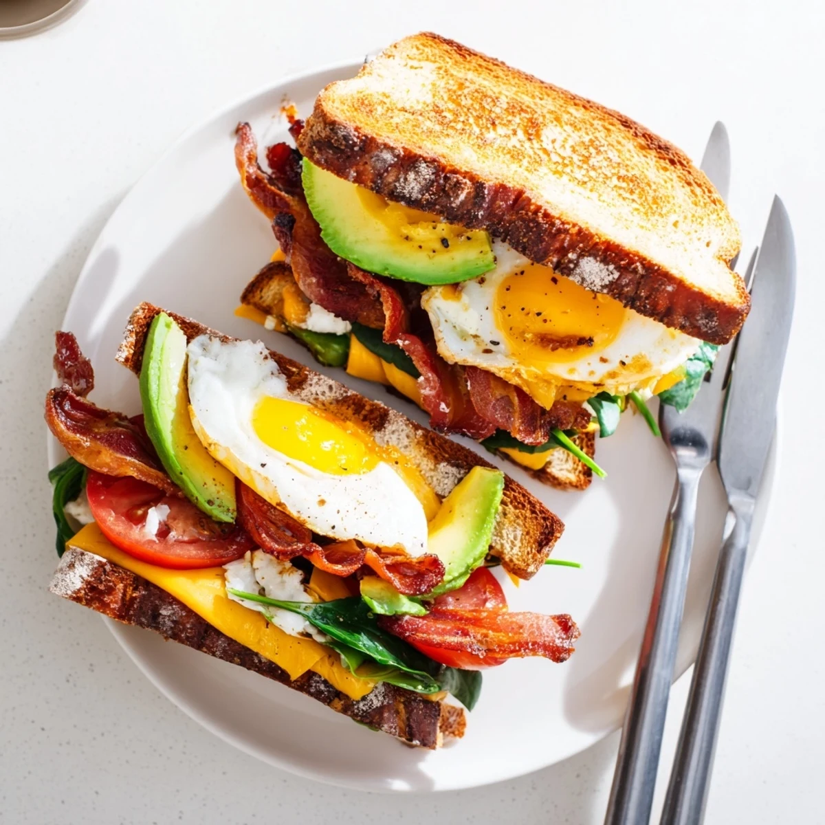 A hand holding a Loaded Breakfast Sandwich, stacked high with golden egg, smoky bacon, and avocado, ready for a morning bite.
