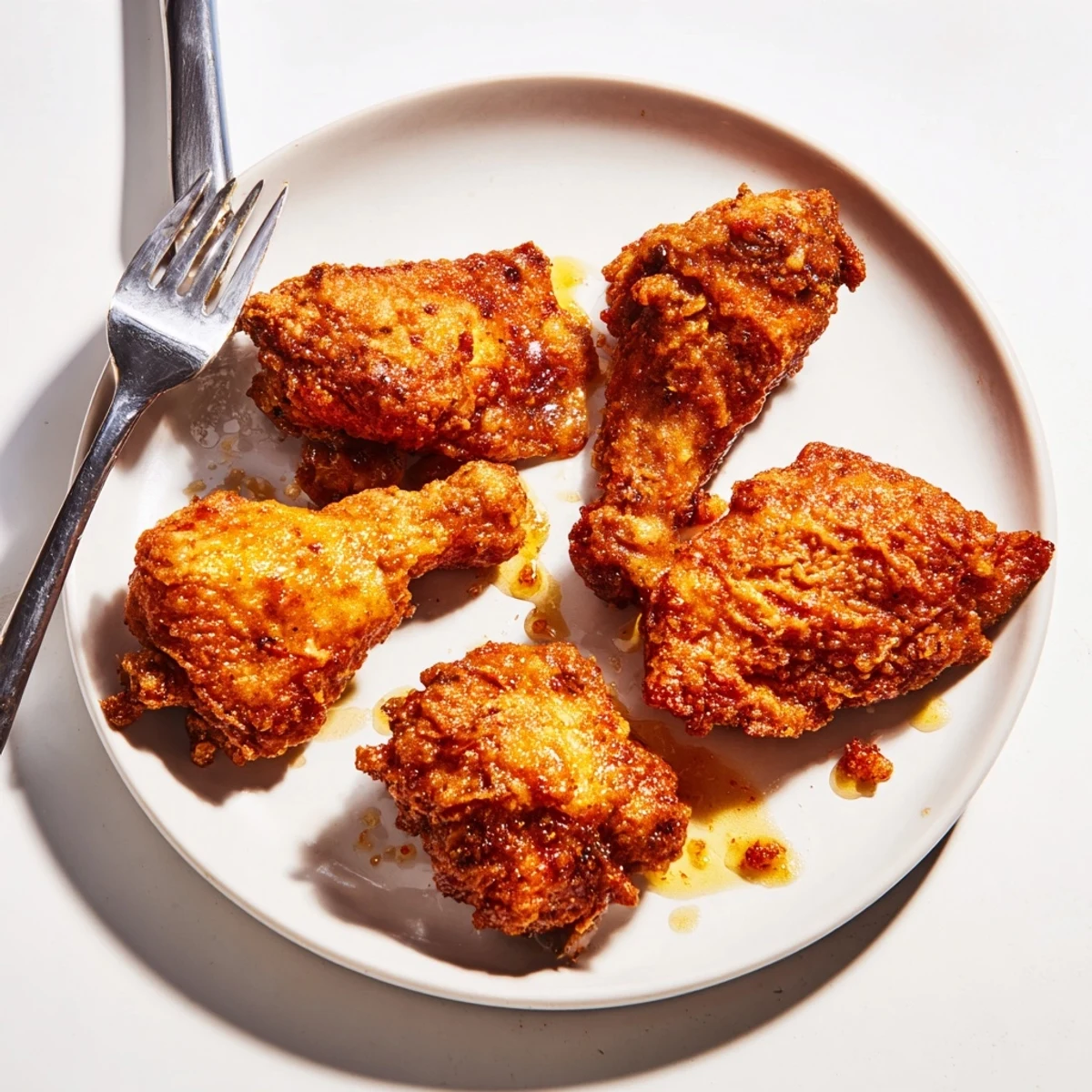 A close-up of tender, crispy chicken drizzled with warm hot honey butter sauce, garnished with pickles on the side.