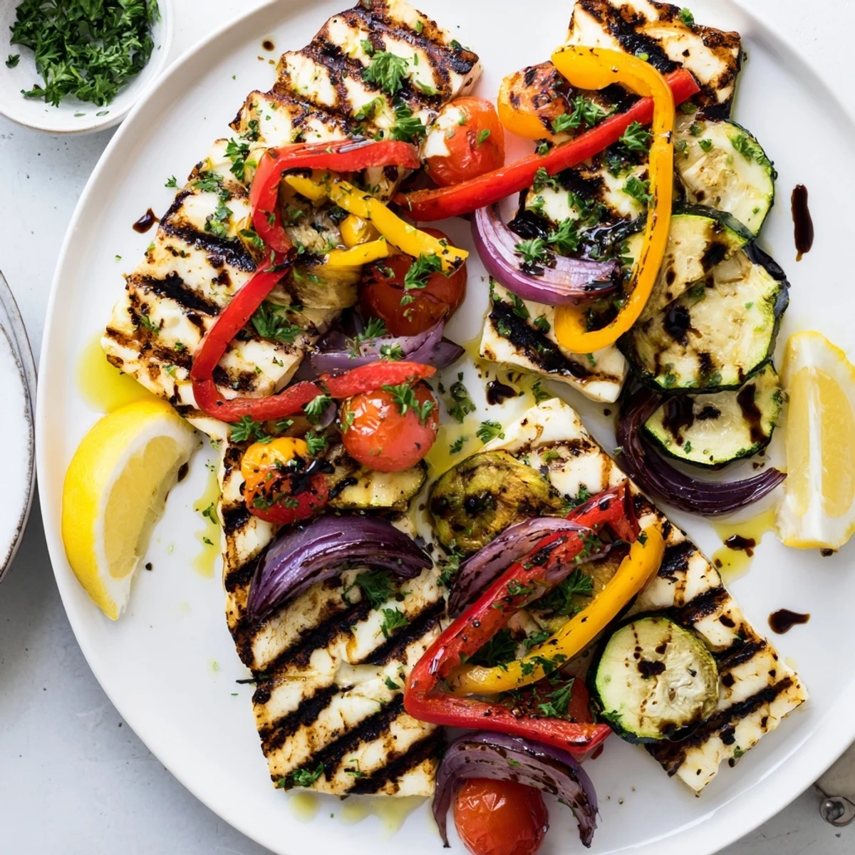 Golden-brown Grilled Halloumi Cheese Steak slices sizzle on the grill, topped with colorful, charred vegetables and fresh parsley.