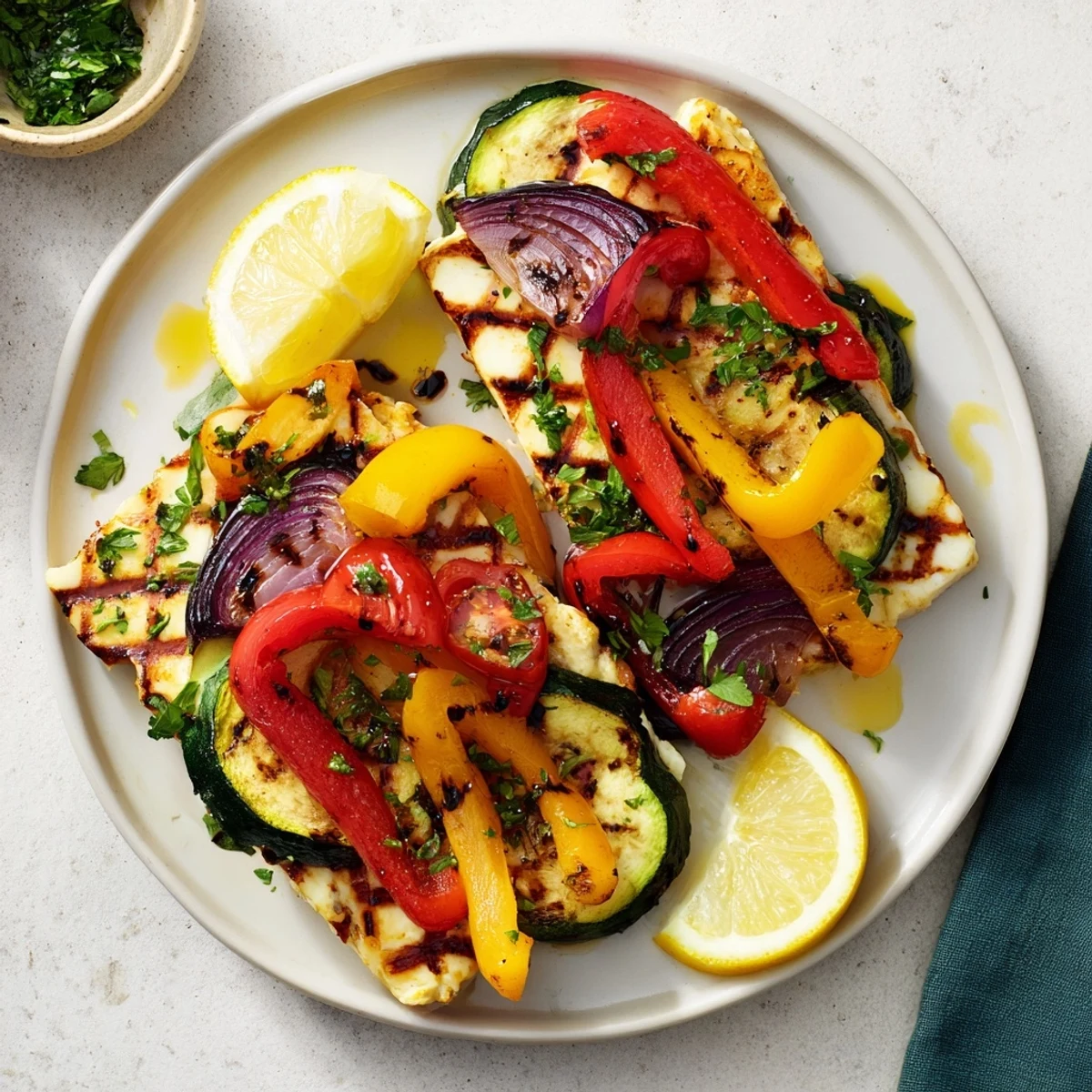Vibrant red and yellow peppers, zucchini, and red onion surround the Grilled Halloumi Cheese Steak on a rustic platter.