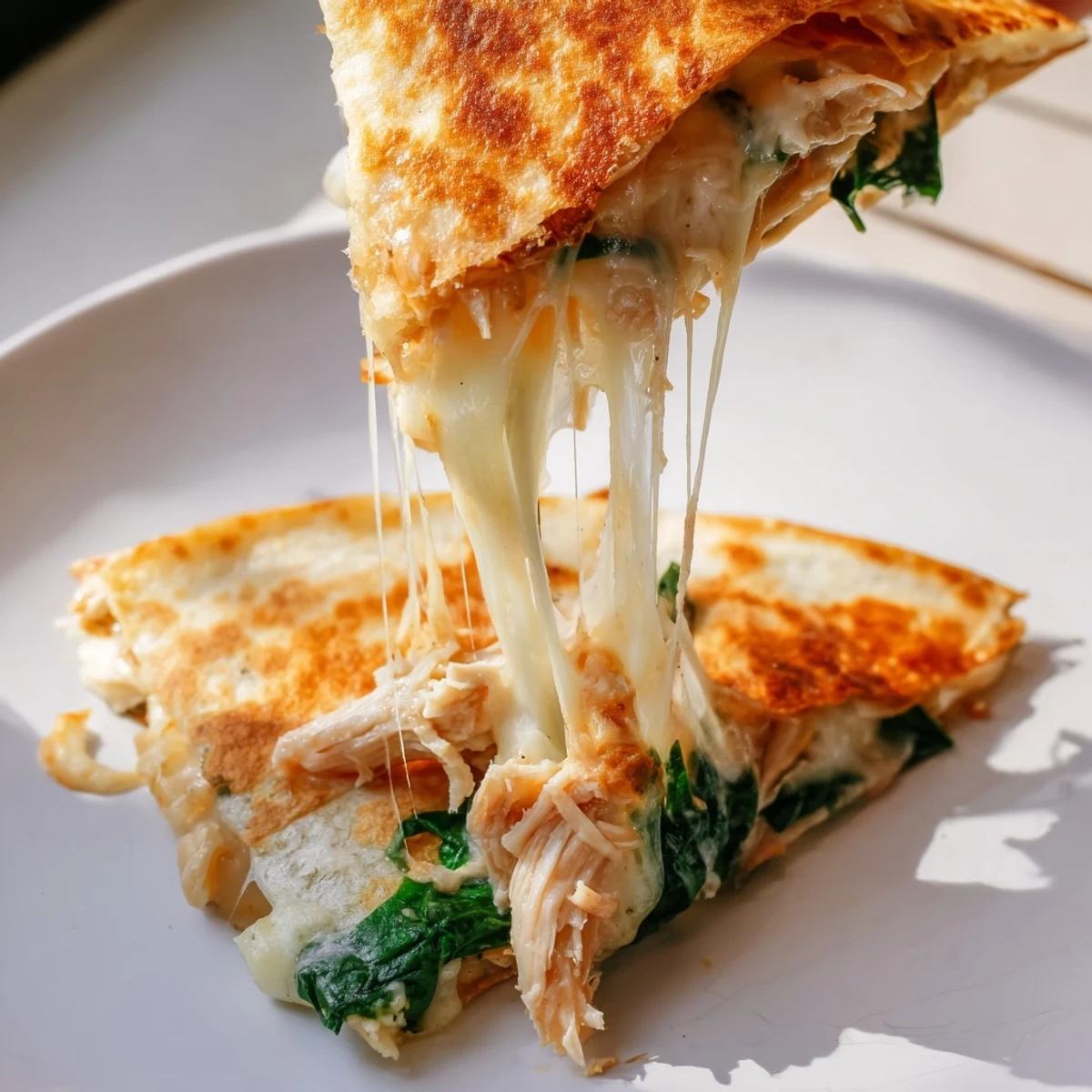 This easy Mexican-American main dish shows a golden-brown quesadilla resting on a white plate with a dollop of sour cream.