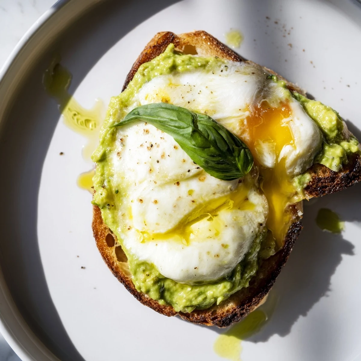 Avocado Mozzarella Tartine garnished with fresh basil, ready to serve as a light lunch or snack.  