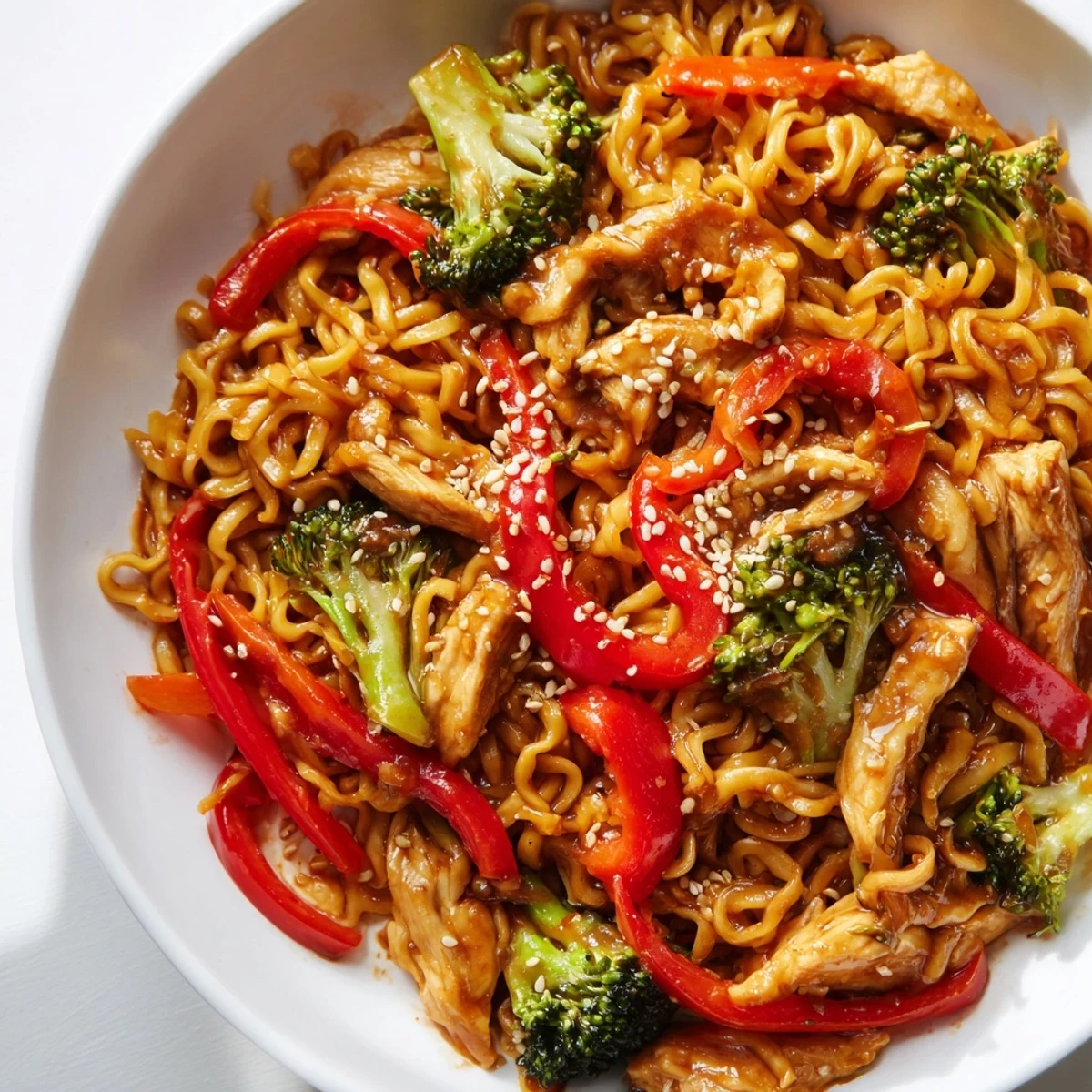 Steam rises from a freshly plated Spicy Ramen Stir-Fry, garnished with green onions and sesame seeds next to chopsticks.  