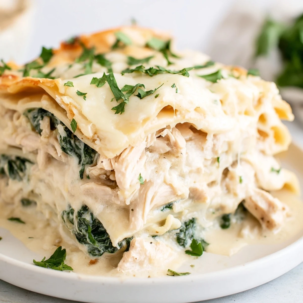 Steaming portion of homemade Chicken Alfredo Lasagna garnished with fresh parsley and a side salad.