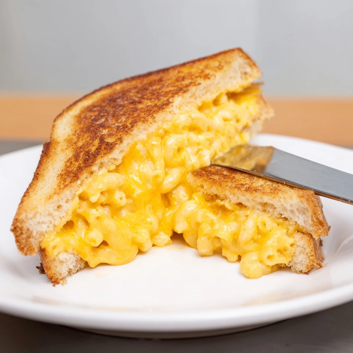 Warm, comforting Mac & Cheese Grilled Cheese sandwiches sit beside a steaming bowl of tomato soup, perfect for lunch.