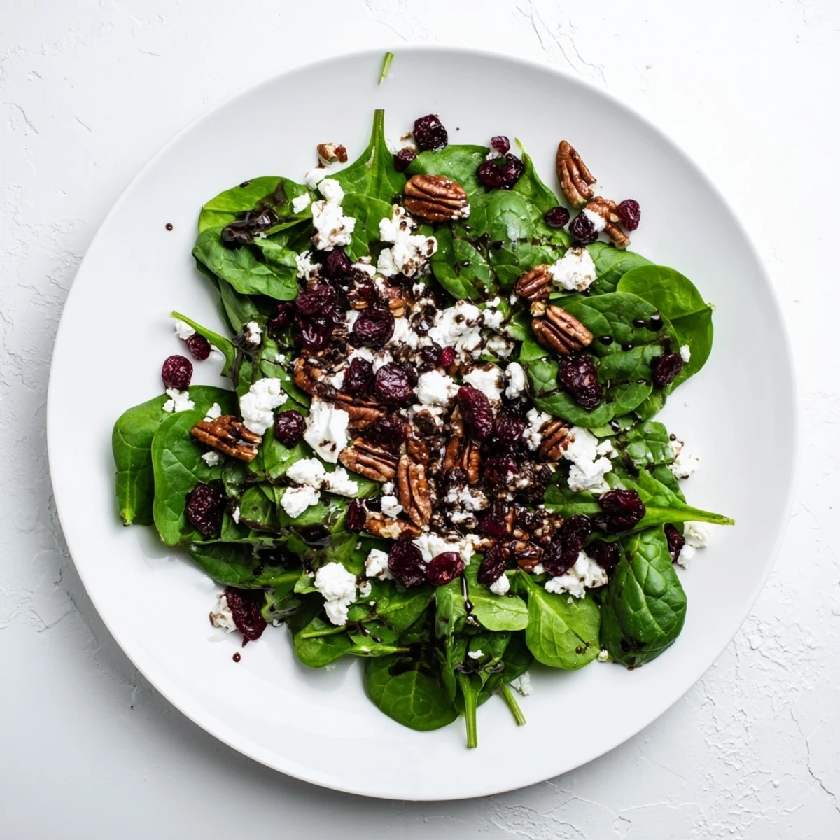 Bright baby spinach, creamy goat cheese crumbles, and tart dried cranberries tossed in a tangy balsamic vinaigrette, topped with crunchy candied pecans for an easy vegetarian salad.