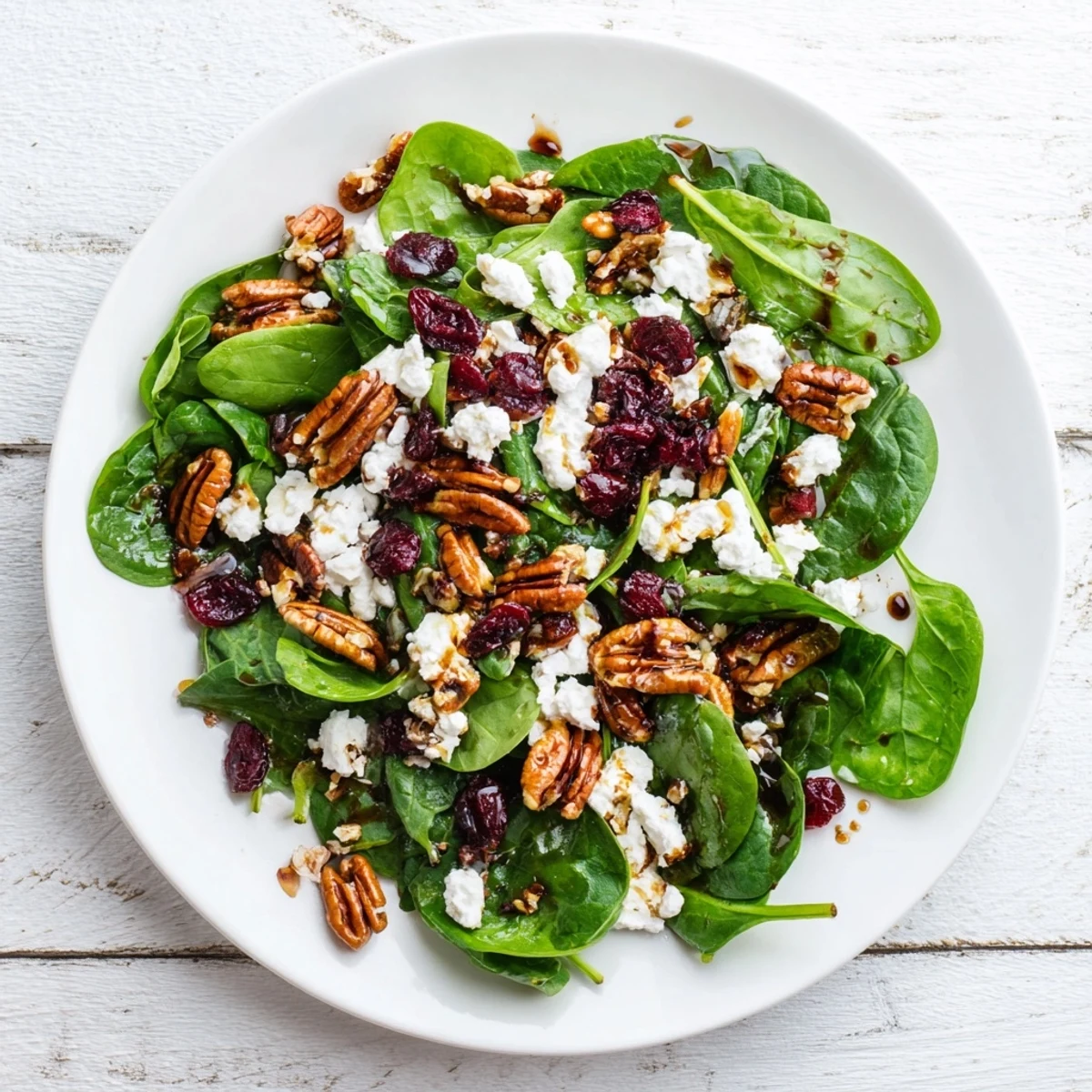 Spinach Goat Cheese Salad served on a white plate with golden candied pecans and ruby cranberries, ready to enjoy as a light lunch or elegant starter.