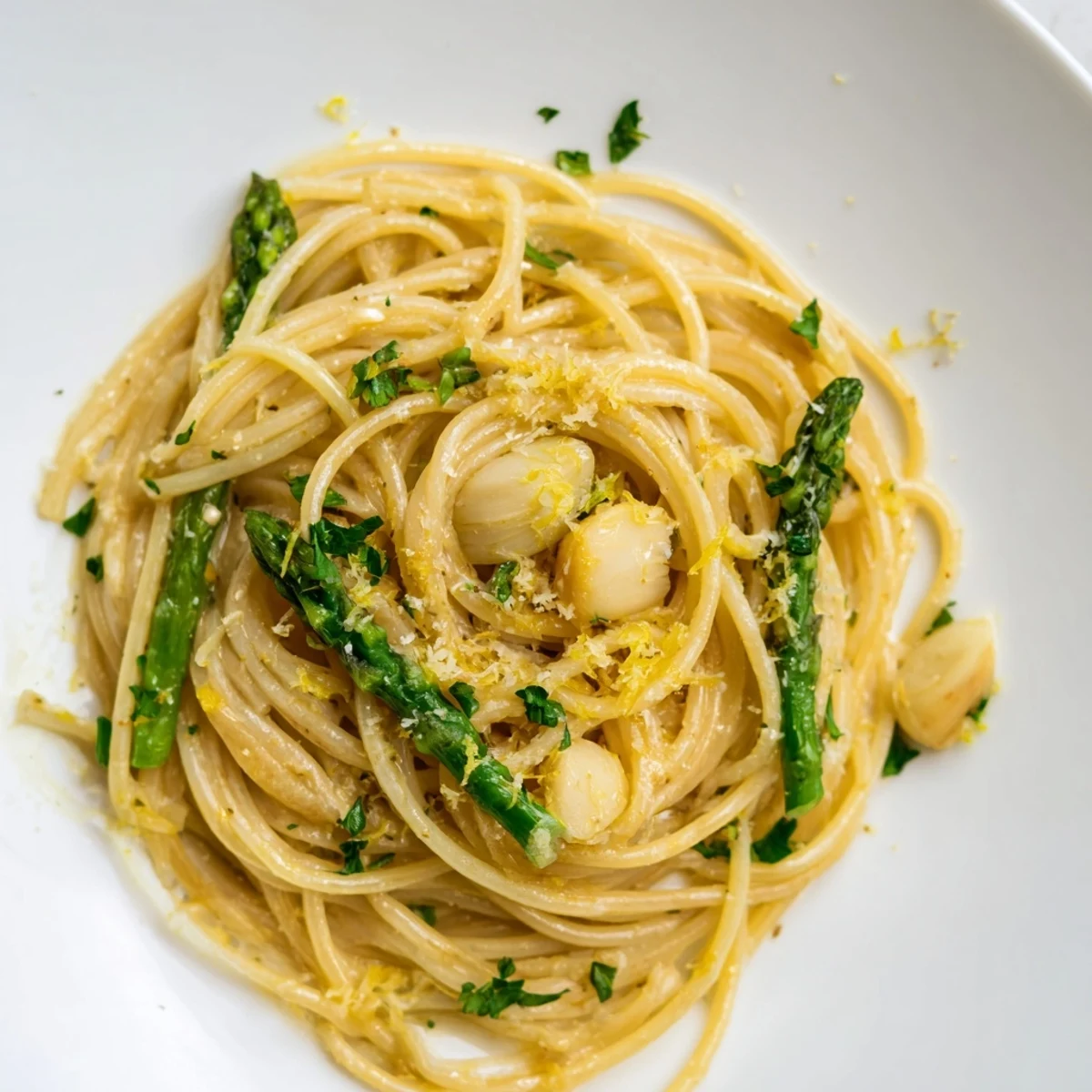 A close-up of Roasted Garlic & Asparagus Pasta twirled on a fork, showcasing silky olive oil sauce and lemon zest.