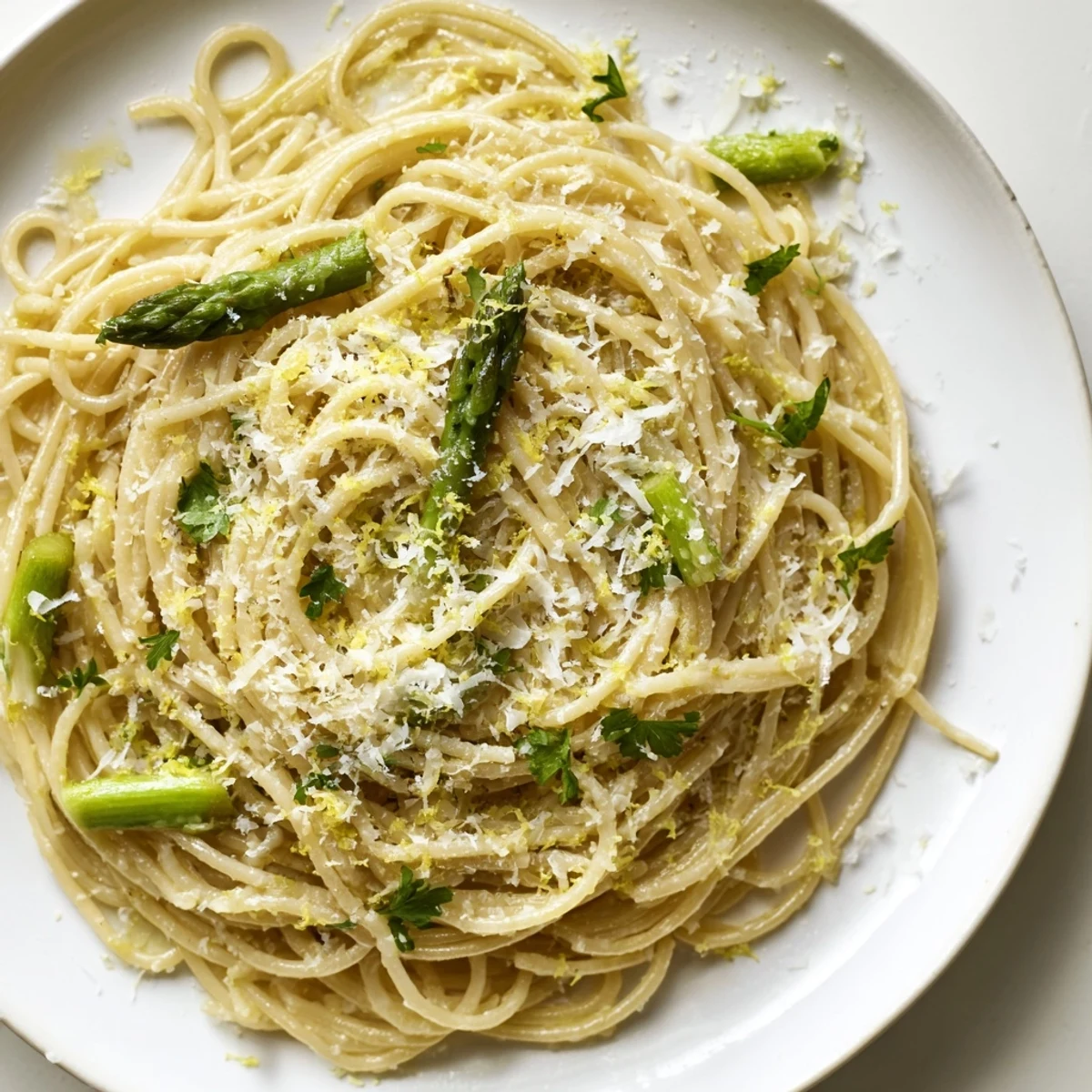 Roasted Garlic & Asparagus Pasta served in a rustic dish, topped with grated Parmesan and a sprinkle of red pepper flakes.