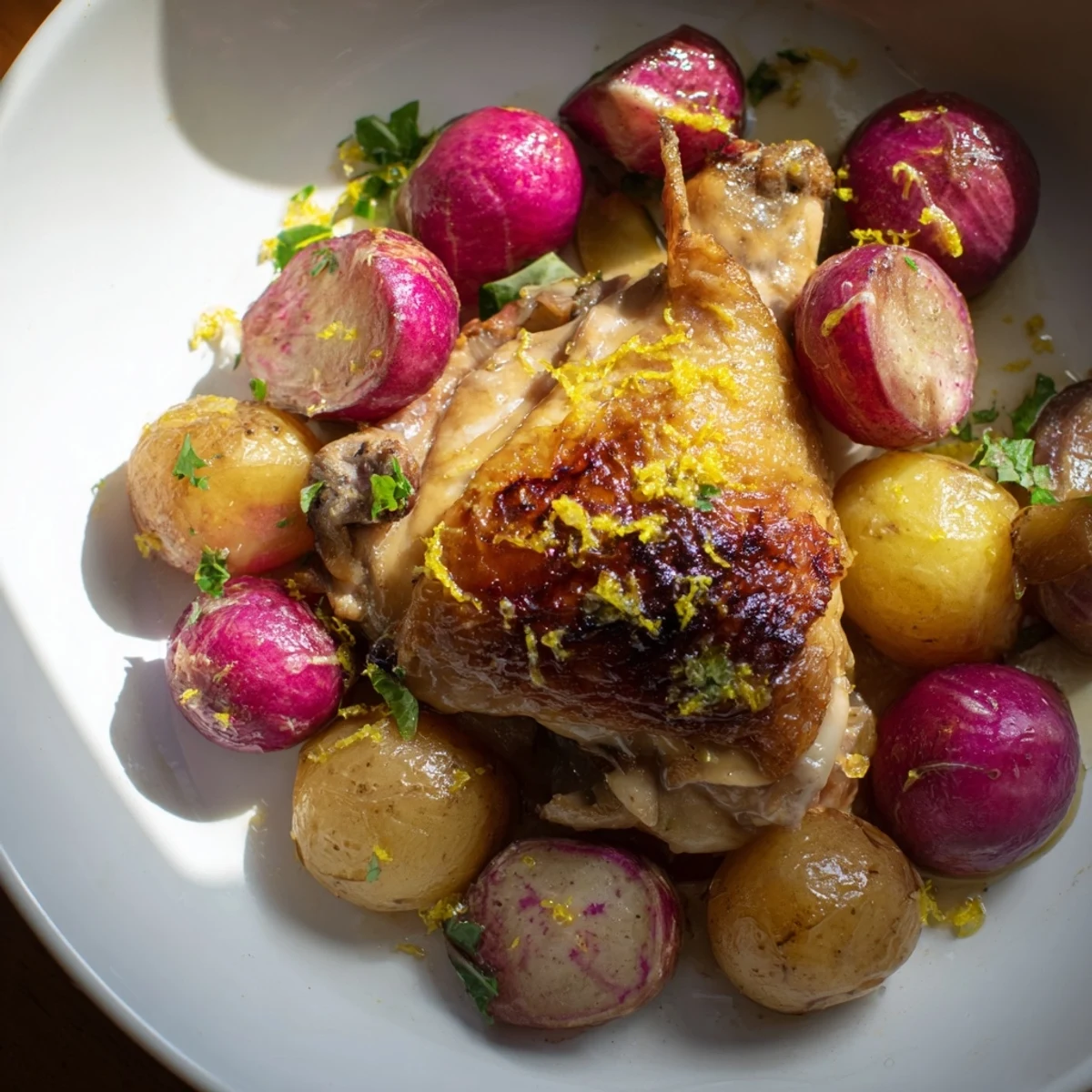 Golden chicken thighs and tender roasted radishes share a parchment-lined sheet pan, caramelized potatoes adding sweet depth to the Roasted Radish & Chicken Sheet Pan.