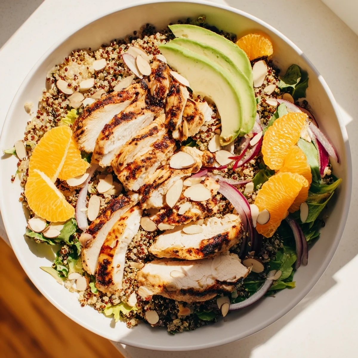 Vibrant Citrus Herb Chicken Salad Bowl with juicy orange segments, creamy avocado, and herb-marinated chicken over quinoa and fresh greens.