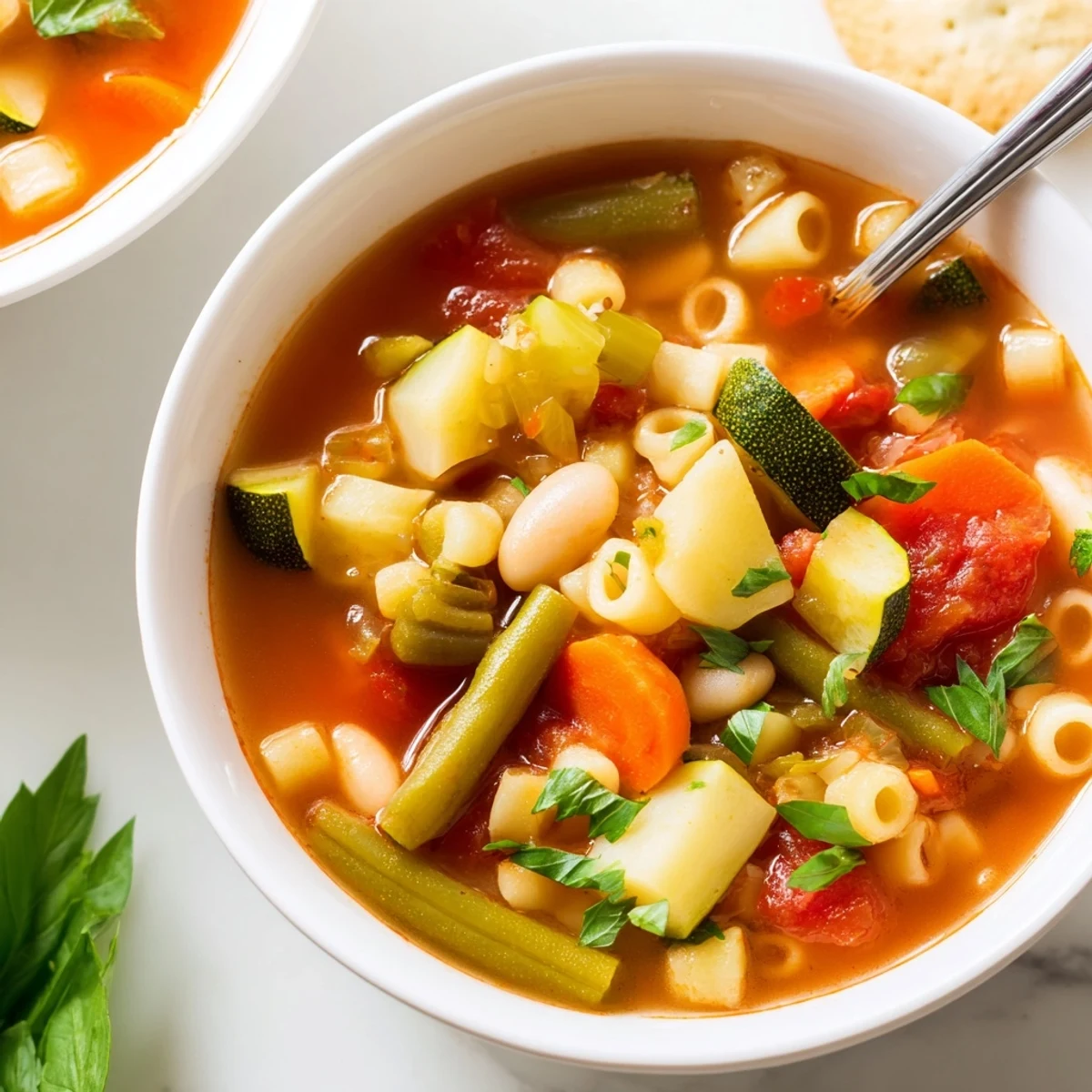 Steaming bowls of homemade Minestrone Vegetable Soup, brimming with beans, pasta, and fresh herbs in a rich tomato broth.