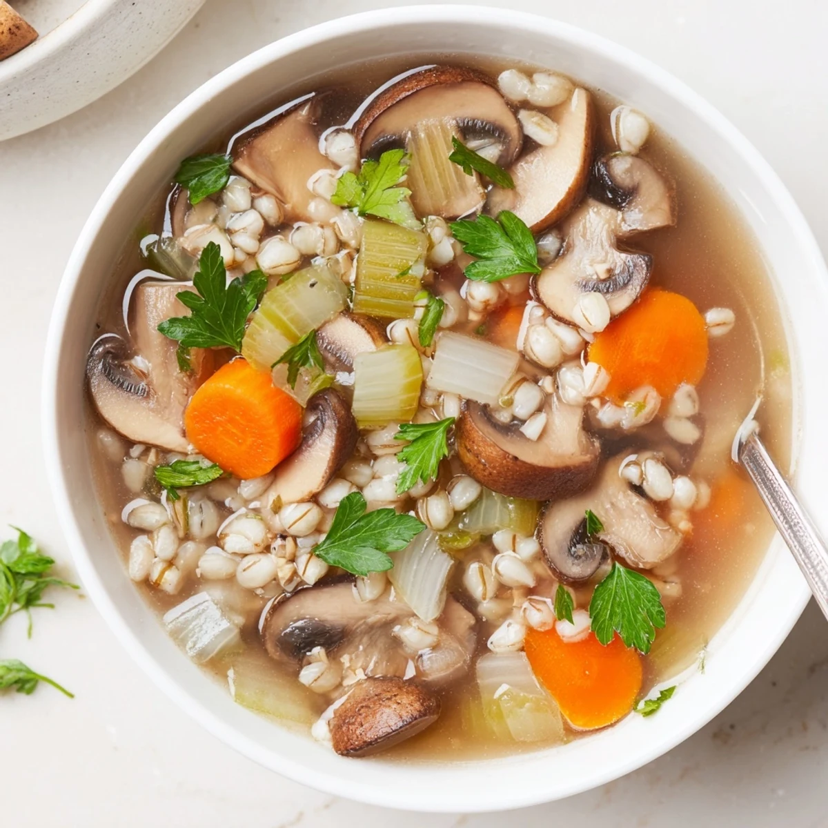A serving of Mushroom and Barley Soup with tender vegetables and chewy grains, ready to eat.